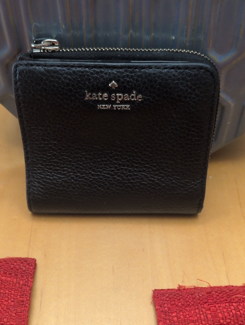 kate spade black pebbled leather compact zip wallet